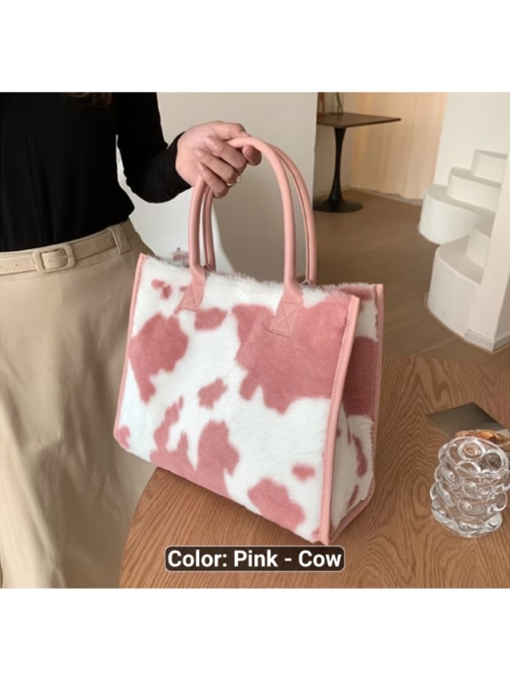 NEW Faux Fur Leather Pink Cow Print Shoulder Bag Travel Tote Fuzzy Soft Womens